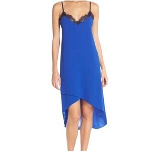 BCBGMaxAzria | Estrella Blue Crepe Slip Dress with Black Lace Trim - small